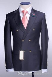 Real Photo Double Breasted Groom Tuxedos Navy Blue Man Prom Business Pak Coat Blazer Kleding (Jas + Broek + Tie) H: 891