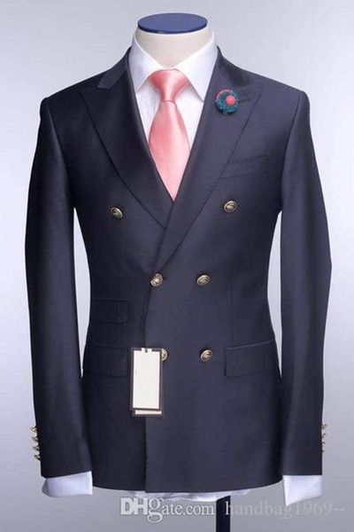 Photo réelle, Tuxedos de marié à Double boutonnage, bleu marine, costume d'affaires de bal, manteau, vêtements Blazer (veste + pantalon + cravate) H:891