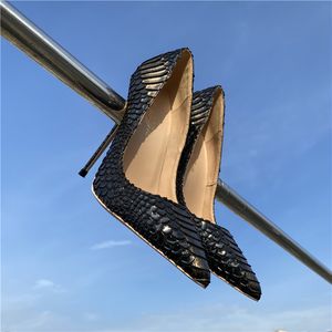 Vraie photo mode femmes chaussures en cuir verni de serpent noir imprimé bout pointu cheville Sexy Lady talons hauts pompes 12cm décapant stilettos