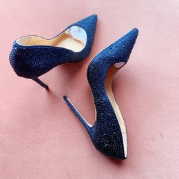 Photo réelle mode femmes chaussures sexy dame bleu strass cristal bout pointu talons aiguilles mariée pompes de mariage 12 cm 10 cm 8 cm grande taille 44