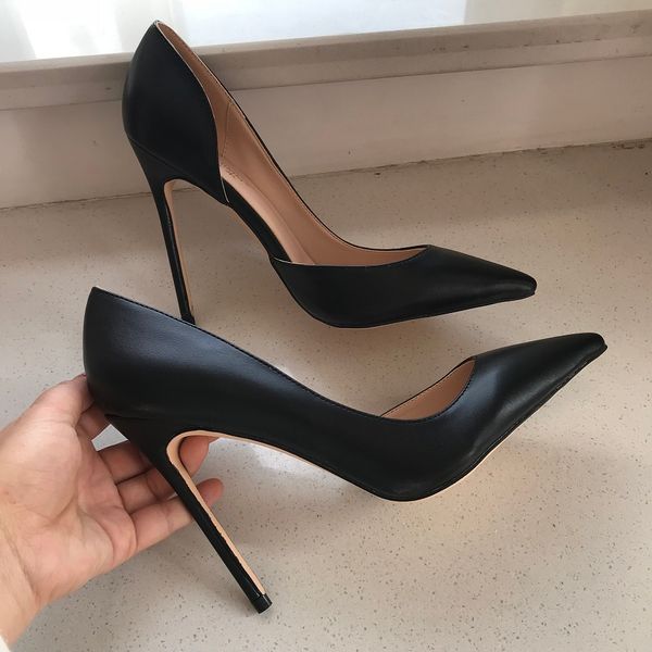 Zapatos de mujer de moda con foto Real, zapatos de tacón de aguja con punta en punta de cuero negro sexy para mujer, zapatos de tacón para fiesta de boda y novia