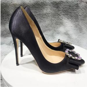 Echte foto mode vrouwen schoenen zwarte satijnen slik kristal strass strik strik pompen voor bruiloft puntig feest oranje sexy hakken schoen 12 cm stilettos