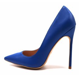 Livraison gratuite photo réelle dame en cuir véritable bleu mat cuir bout pointu serpent imprimé dame chaussures à talons hauts pompe taille 33-43 12 cm 10 cm 8 cm