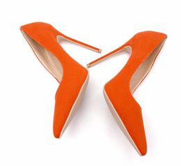 Livraison gratuite photo réelle dame en cuir véritable daim orange bout pointu serpent imprimé dame chaussures à talons hauts pompe taille 33-43 12 cm 10 cm 8 cm