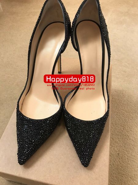 Envío gratis foto real cuero genuino oficina señora Cristal negro Rhinestone Point toe señora zapatos de tacón alto bomba tamaño 33-43 8 cm 12 cm 10 cm