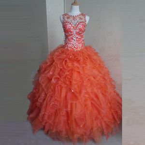 Foto Real vestidos de fiesta para niñas Vestido de baile cuello redondo transparente cristales cuentas vestidos de quinceañera 2019 espalda abierta naranja Vestido Debutante