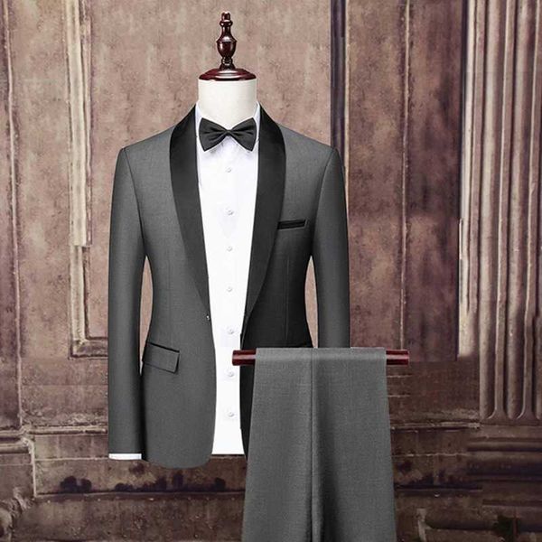 Foto Real gris hombres trajes negro chal solapa traje Homme moda boda esmoquin Terno Masculino novio Prom Blazer 2 piezas X0909