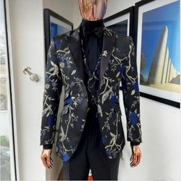 Real Photo Groom Tuxedos Black Pattern Men Party Business Costumes 3 pièces Prom Blazer Robe personnaliser W1499