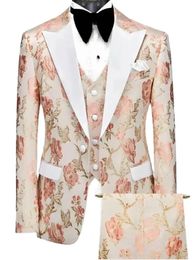 Real Photo Groom Tuxedos Brocade Brocade Jacquard Men Party Empress Trajes de 3 piezas Vestido Blazer Customize W1450
