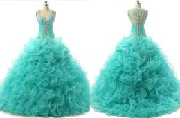 Real Photo Hollow Back Turq Quinceanera Jurk 2018 Goedkoop met riemen Ruche Organza Baljurk Prom Dress Avond Feestjurken