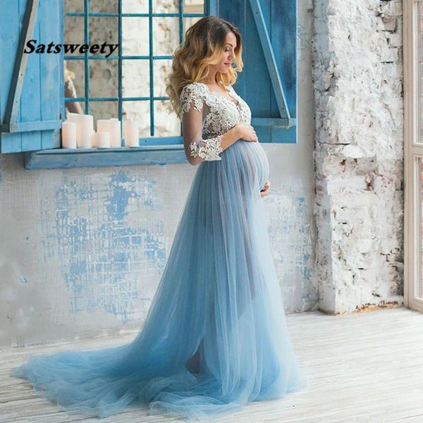 Photo réelle dentelle formelle robe enceinte à manches longues Tulle bleu Royal robe de bal robes de grande taille fête 2021