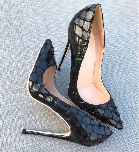 Livraison gratuite vraie photo luxura en cuir véritable mode femmes dame noir imprimé bout pointu talons hauts chaussures 12 cm 10 cm 8 cm