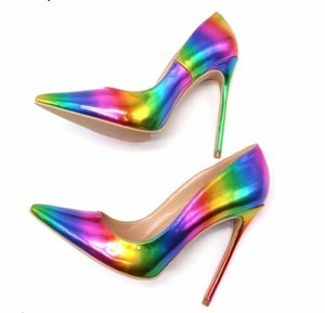 Casual Designer Sexy Dame Real Photo Dames Sandalen Luxura Leer Multi Kleur Regenboog Gedrukt Puntschoen Vrouw Vrouwelijke 12cm 10 cm 8 cm Hoge Hakken Pumps Schoenen