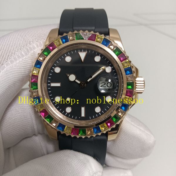 Real Photo Mens Automatic Watch Men 40mm Rainbow Everose Gold Automatic Black Dial 116695 Diamond Mechanical 116695Sats Bracelet Rubber Bracelet Sport