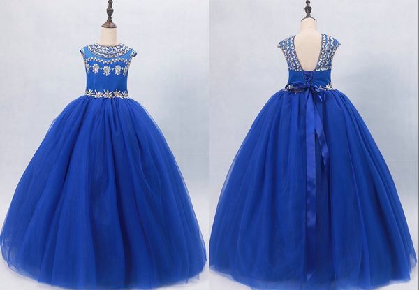 Real Photo Royal Blue Ball Gown Girl Pageant Vestidos para baile de graduación Fiesta formal Kids Girls Dress Sheer Neck Sparkly Crystal Rhinestones Backless