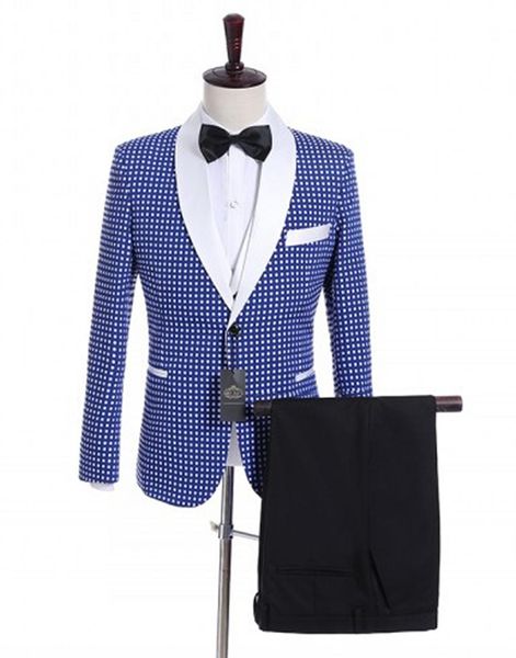 Real Photo Royal Blue Dot Groom Tuxedos Un botón Mantón Solapa Hombres Blazer Dinner Party Trajes de negocios Conjuntos (Chaqueta + Pantalones + Chaleco + Pajarita) K67