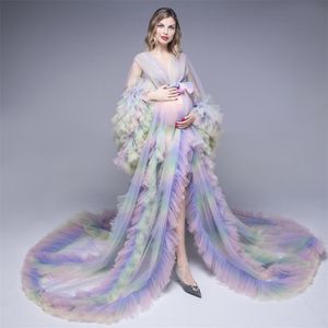 Echte foto zien thru avondjurk ruches regenboog kleur cap mouwen zwangere vrouwen sexy prom jurken moederschap lingerie nachtkleding