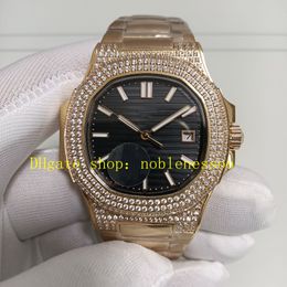 Echte foto heren Everose horloge heren 40 mm zwarte wijzerplaat diamanten bezel 18K roségoud herenarmband sport transparante achterkant Cal. 324 Dress Watches met automatisch uurwerk