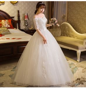 Vraie Photo Robe De Mariée 2017 Automne Demi Manches Bateau Cou Dentelle Appliques Robe De Bal De L'épaule Princesse Robes De Novia