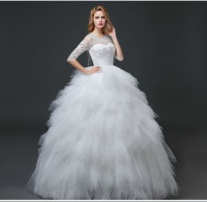 Vraie Photo Robe De Mariée 2018 Printemps Coréen Style Dentelle Demi Manches Robe De Mariée Blanc Princesse Dos Nu De Luxe vestidos de noiva