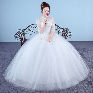 Echte foto trouwjurken 2018 hoge nek koreaanse stijl rode romantische bruid prinses kant met gouden borduurwerk vestido de novia