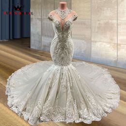 Vraie photo robes de mariée sirène sirène à col haut en tulle en cristal diamant 2023 Nouvelle robe nuptiale formelle sur mesure jt21