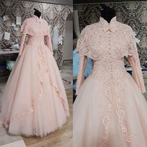 Echte foto's 2017 blozen roze lange mouw moslim trouwjurken kant met kralen tule bruidsjurken plus size custom gemaakt china EN11284