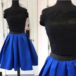 Vraies photos 2018 Black en dentelle Top Royal Blue Satin Jupe courte des robes de retour à la maison