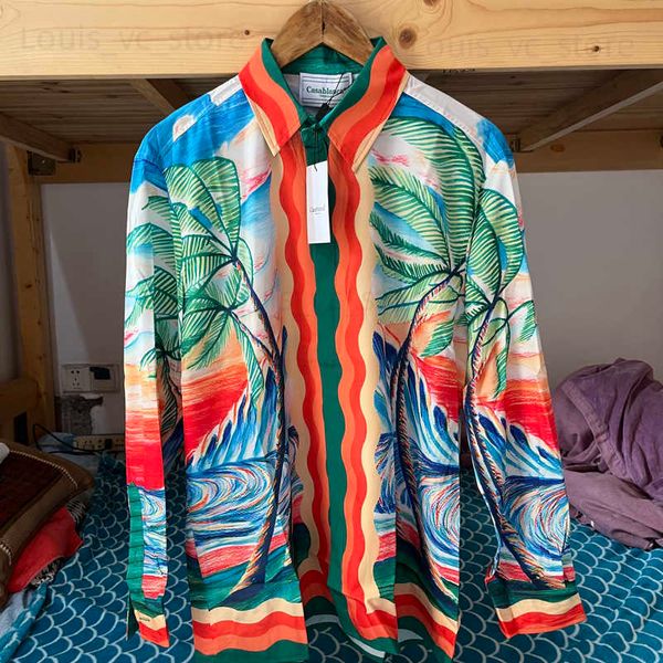 Vraies Photos Casablanca Chemises Cocotier Coloré Peinture À L'huile Imprimer À Manches Longues Tops Casa Chemise Hawaïenne pour Hommes Femmes T230806