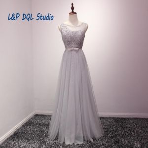 Echte foto's Tule Avondjurken Lange Prom Dress Scoop Lace with Beads Pailletten Lace-Up Back