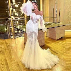 Vraies Photos exquise dentelle robe de mariée sirène robe de mariée pour les femmes manches bouffantes Tulle balayage Train même robes