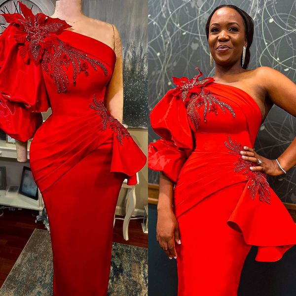 Vraies photos sirène Aso Ebi grande taille robes de bal une épaule Cap manches longues fleurs faites à la main perlée plissée paillettes robe de soirée robes de soirée de gala