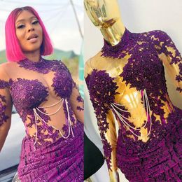 Fotos reais roxo vestidos de cocktail mangas compridas gola alta pérolas rendas lantejoulas sexy volta curto mini vestido