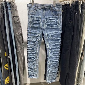Les vraies photos 22SS Jeans lavés bleu détruisent les pantalons en denim hommes femmes lourds tissu pantalon mode