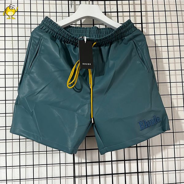 Vraies photos vert noir bordeaux PU cuir Shorts lettre broderie mode hommes femme été Streetwear