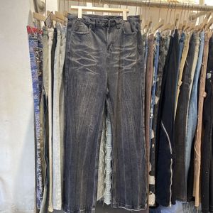 Real Pics gewassen vintage rechte wijde pijpen denim broek heren en dames high street baggy casual flare jeans broek oversized