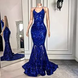 Image réelle longue robe de bal élégante sirène Sexy voir à travers paillettes scintillantes bleu Royal noir filles dos nu robes de bal 2023
