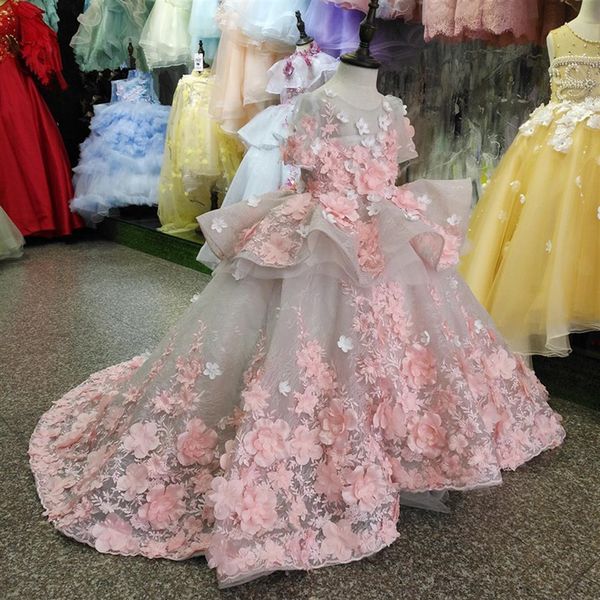 Imagen Real nuevo vestido de flores para niñas ropa de bebé niña encaje 3D flores apliques tul hinchado niños vestido de cumpleaños hecho a medida 280V