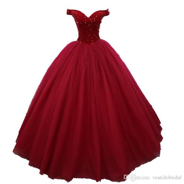 Imagen real Vestido de quinceañera rojo Barato 2019 Cuello en V Corsé con cuentas Dulce 16 Vestidos Fiesta Ropa de noche Vestido De 15 Anos Pageant 220f