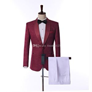 Image réelle Vent latéral un bouton bordeaux Paisley marié Tuxedos châle revers garçons d'honneur mariage hommes costumes de fête (veste + pantalon + cravate) W12