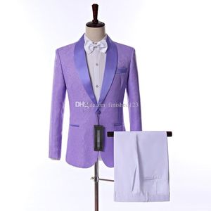 Real Picture Side Vent One Button Light Purple Paisley Bruidegom Tuxedos Sjaal Revers Groomsmen Bruiloft Mannen Party Suits (jas + Broek + Tie) W1