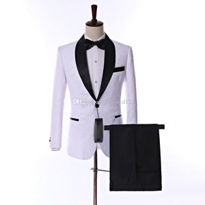 Real Picture Side Vent One Button White Paisley Bruidegom Tuxedos Sjaal Revers Groomsmen Bruiloft Mannen Party Suits (jas + Broek + Tie) No: 2186