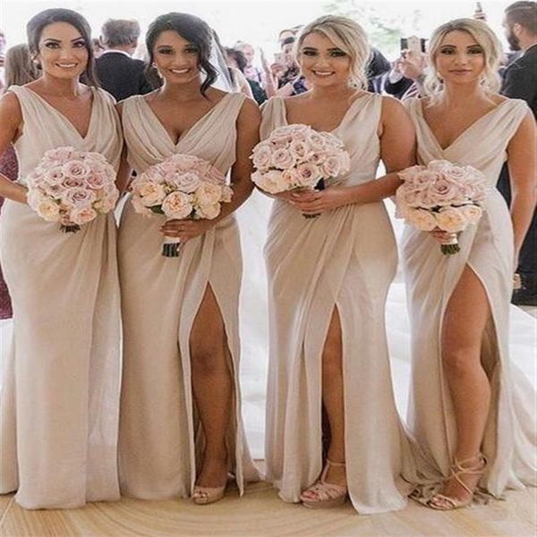 image réelle robe madrinha fente sirène robes de demoiselle d'honneur longue Sexy dos nu robe de soirée de mariage 2019 col en V mariée femme de chambre de Hon233u