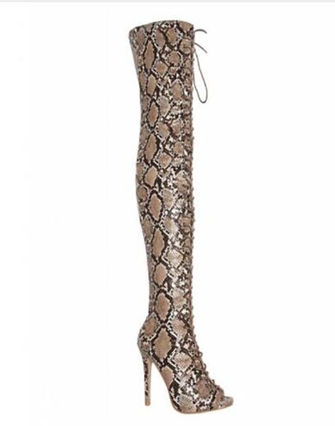 Image réelle femmes Sexy bout pointu léopard en cuir PU sur le genou bottes de gladiateur à lacets longues bottes à talons hauts chaussures Sexy