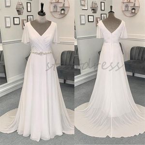 Real Pictures Chiffon Strand Trouwjurk Met Kapmouwtjes Sexy V-hals Eenvoudige Boho Bruidsjurken 2024 Kralen Gordel Country Bruidsjurk Robe De Mariage Vestios Novias