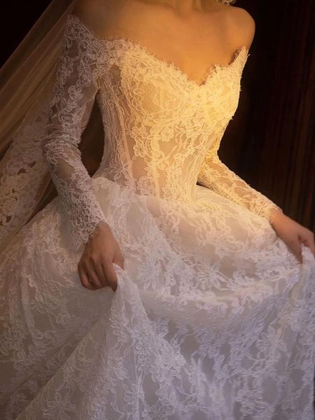 Robe de mariée en dentelle, images réelles, manches longues, dos à lacets, qualité supérieure, dentelle florale, nouvelle collection 2024