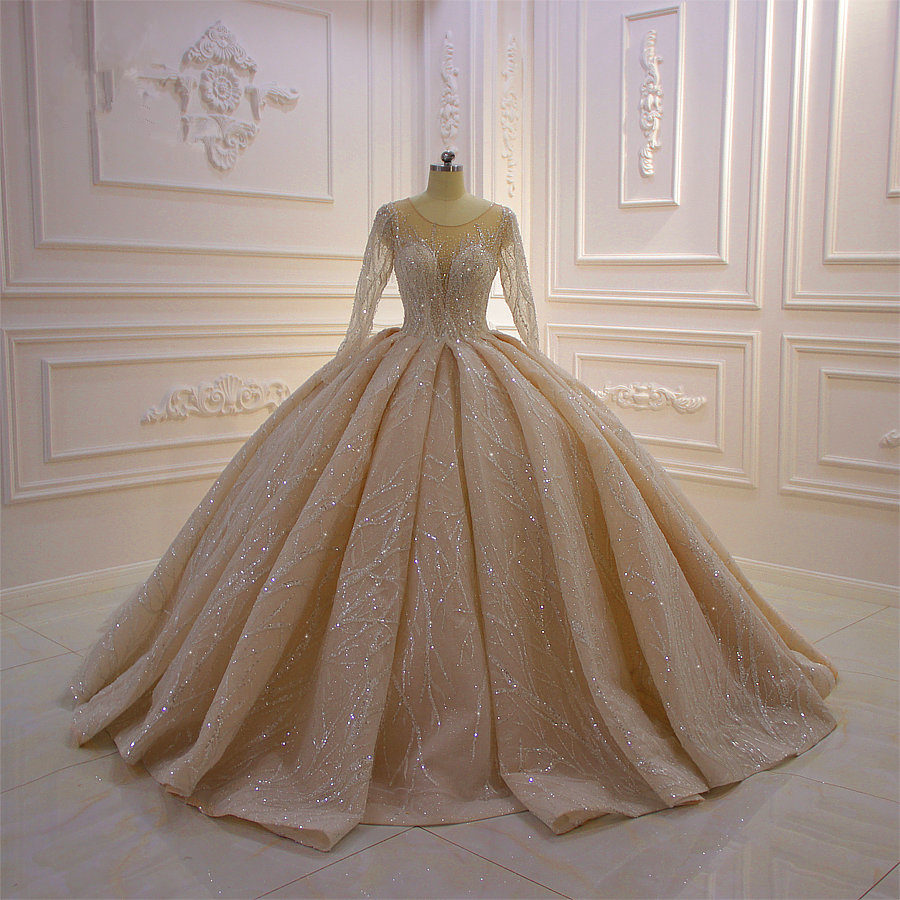 Prawdziwe zdjęcia Luksusowe Szampana Kryształ Zroszony Długie Rękawy Suknie Balowe Suknie Ślubne Vintage Cekinowe Saudyjska Dubai Suknia Ślubna