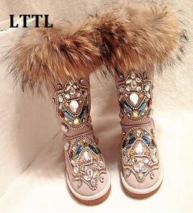 Fotos reales Original Lexury Fur botas a media pantorrilla hechas a mano con tachuelas de cristal para mujer botas de invierno de cuero nobuk botas de nieve planas