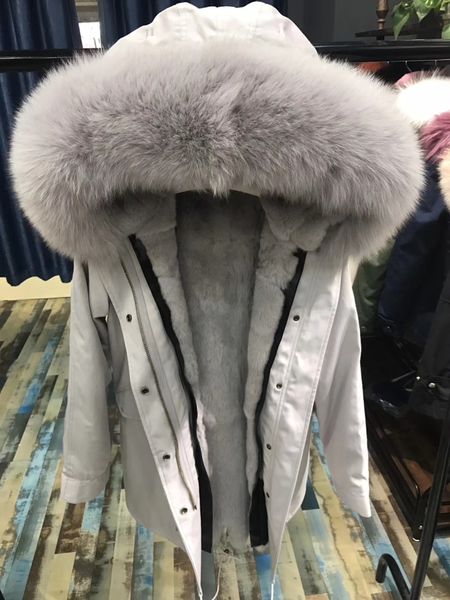 Las imágenes reales muestran adornos de piel de zorro gris señora pieles forro de piel de conejo gris parkas largas para mujer chaquetas de nieve