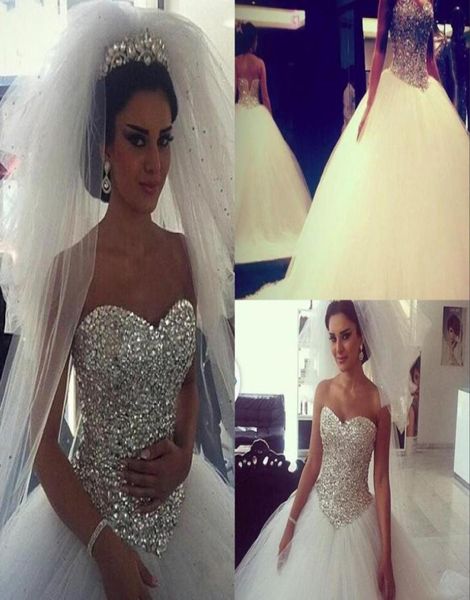 Imágenes reales vestidos de novia brillantes Vestidos de pelota Blanco hinchado con cristales dianos rhinestones tul árabe vestidos de novia vestidos esponjosos para 3002167